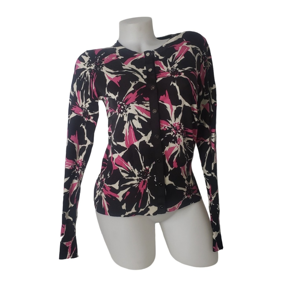 AK Anne Klein Pink Floral Pattern Snap Front Cardigan Sweater Size PM